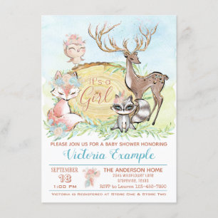 Invitation Fête de naissance Bébé Filles Amies de la Forêt
