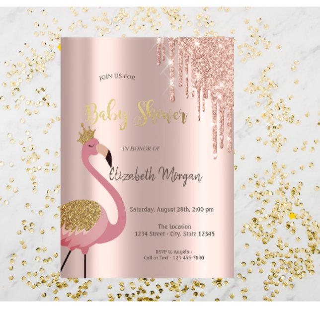 Invitation Fête de Naissance Bébé Flamant Rose Glitter Rose G (Créateur téléchargé)