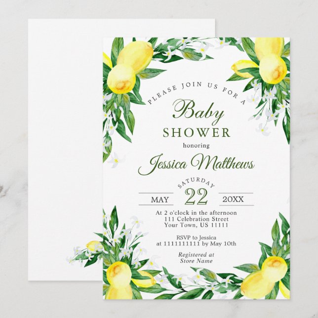 Invitation Fête de Naissance Bébé Fleur de Citron Vert NEUTRE (Devant / Derrière)