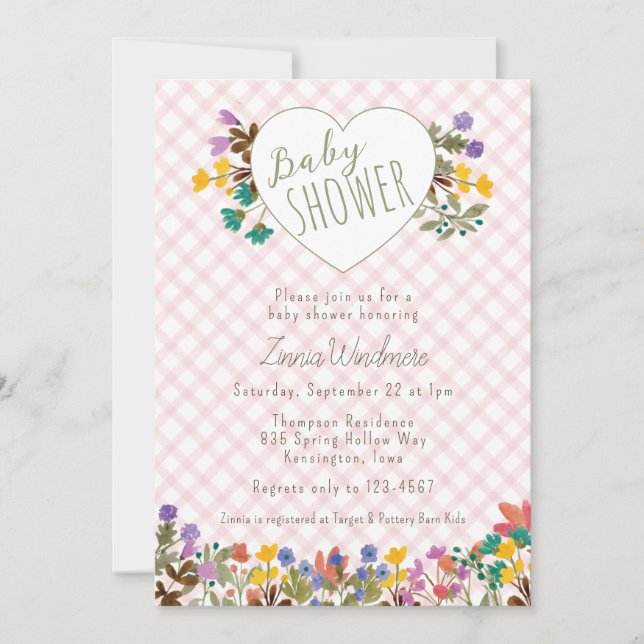 Invitation Fête de naissance bébé Fleur de Jardin Cœur Gingha (Devant)