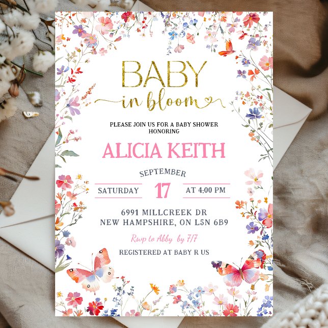 Invitation Fête de Naissance Bébé Fleur Sauvage Rose en Fleur (Créateur téléchargé)