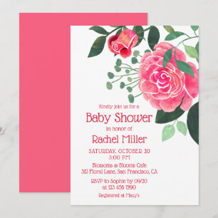Invitation Fête de naissance bébé fleurs aquarelle rose