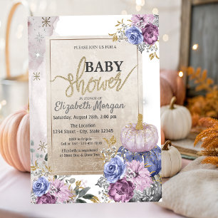 Invitation Fête de Naissance Bébé Fleurs Citrouilles Violette