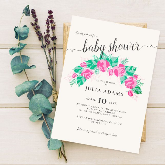 Invitation Fête de Naissance Bébé Fleurs Rose Vert Jardin (Créateur téléchargé)