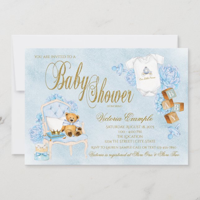 Invitation Fête de Naissance Bébé Garçon Aquarelle Bleu Or (Devant)