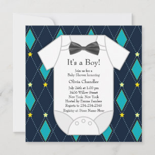 Invitation Fête de naissance bébé garçon bleu argyle jaune