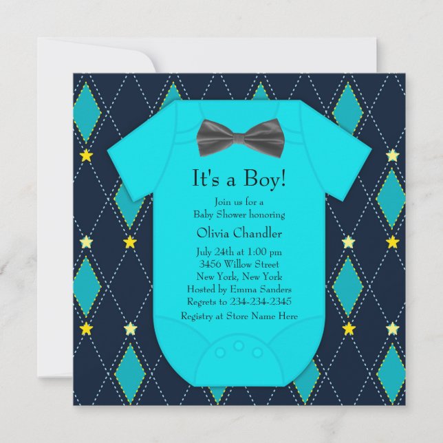 Invitation Fête de naissance bébé garçon bleu argyle jaune (Devant)