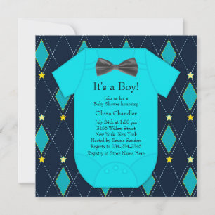 Invitation Fête de naissance bébé garçon bleu argyle jaune