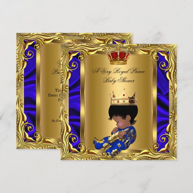 Invitation Fête de naissance Bébé garçon Bleu Royal Prince Ro (Devant / Derrière)