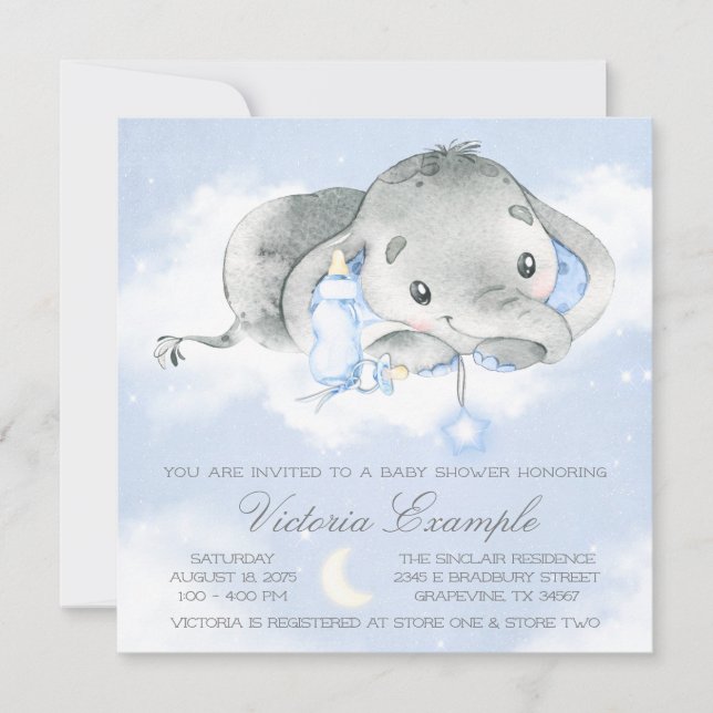 Invitation Fête de naissance bébé garçon éléphant Twinkle Twi (Devant)
