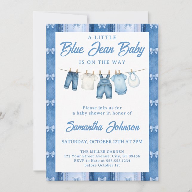 Invitation Fête de naissance bébé garçon en jean bleu denim (Devant)