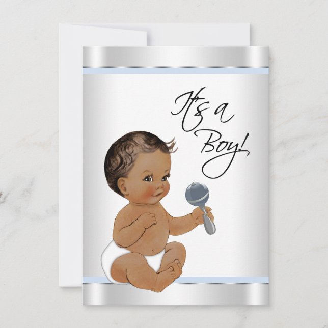 Invitation Fête de naissance bébé garçon ethnique bleu argent (Devant)