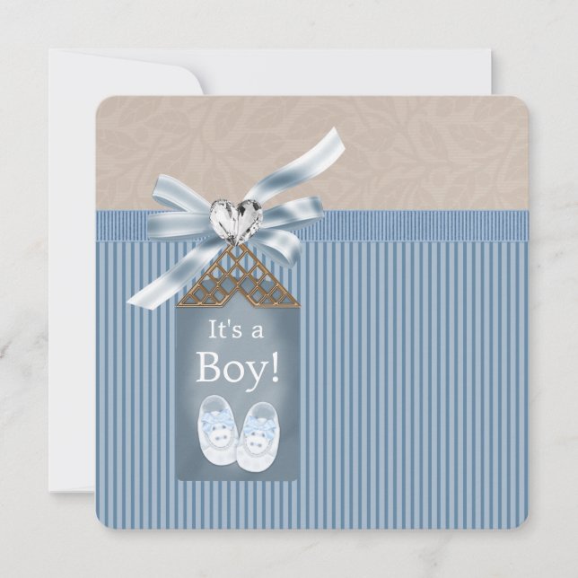 Invitation Fête de naissance bébé garçon marron bleu rayé (Devant)