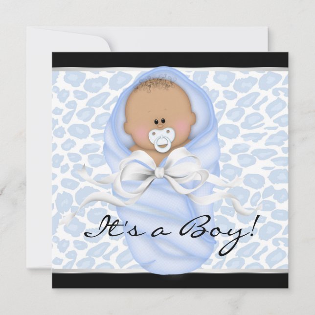 Invitation Fête de naissance bébé garçon noir léopard bleu (Devant)
