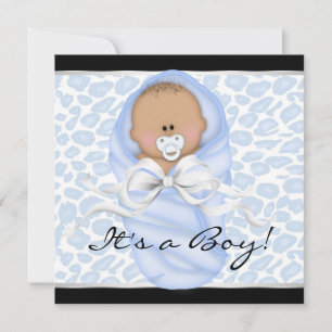 Invitation Fête de naissance bébé garçon noir léopard bleu