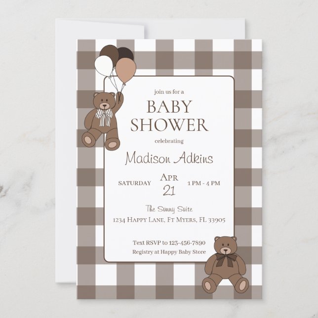 Invitation Fête de naissance bébé garçon ours en peluche marr (Devant)