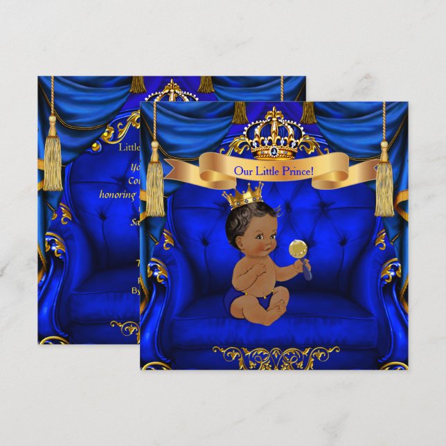 Invitation Fête de naissance bébé garçon prince royal bleu or (Devant / Derrière)