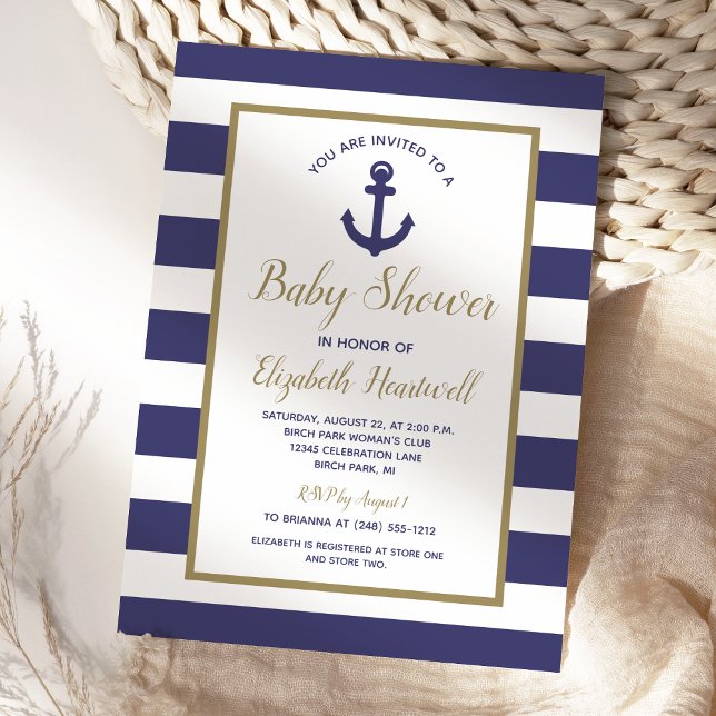 Invitation Fête de Naissance Bébé Garçon Rayures Bleu Marine  (Créateur téléchargé)
