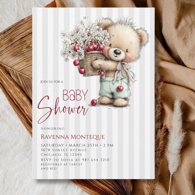 Invitation Fête de naissance bébé garçon Teddy Daisy Cherry p (Créateur téléchargé)