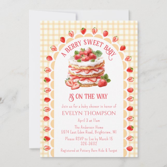 Invitation Fête de naissance Bébé Gâteau aux Fraises Gingham  (Devant)