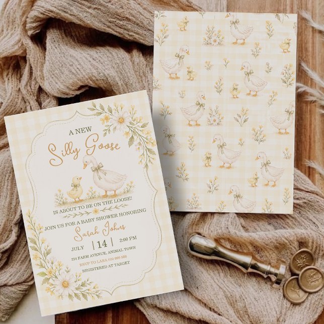 Invitation Fête de Naissance Bébé Genre Neutre Canard Gingham (Silly Goose Gingham Duck Gender Neutral Baby Shower Invitation)