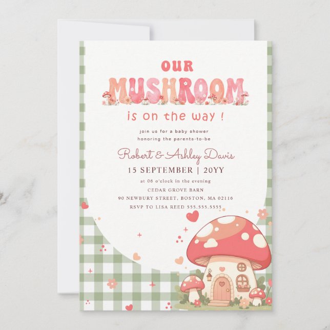 Invitation Fête de naissance bébé genre neutre Champignon Gin (Devant)
