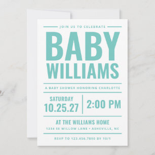Invitation Fête de naissance bébé genre neutre sarcelle gras