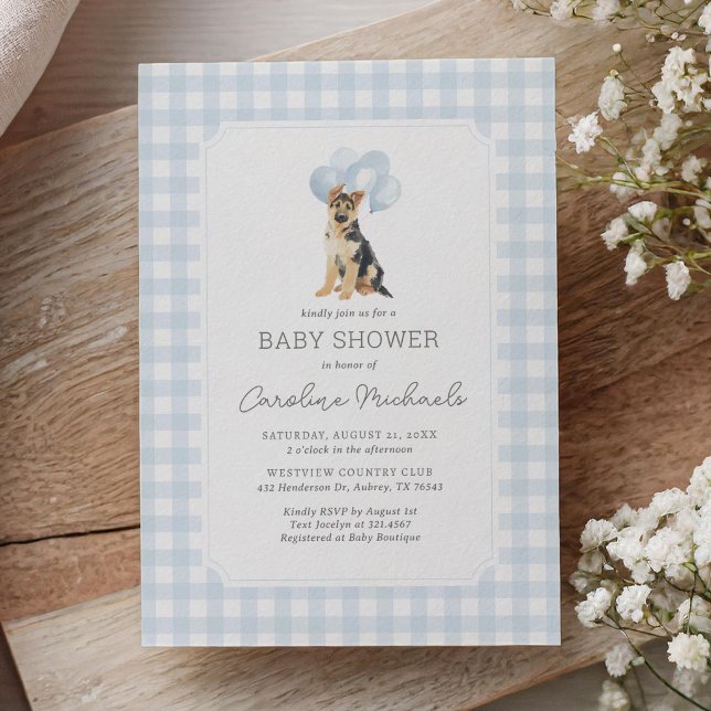 Invitation Fête de naissance bébé Gingham Bleu Berger Alleman (Créateur téléchargé)