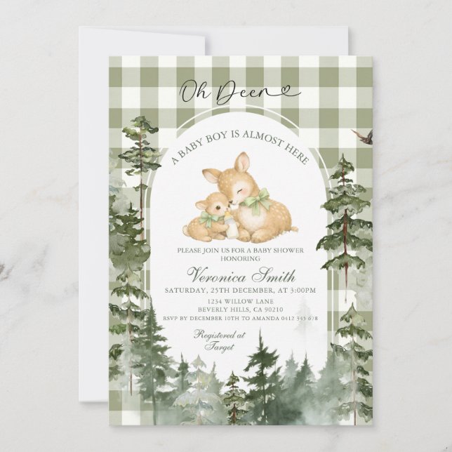 Invitation Fête de naissance Bébé Gingham Bois Cerf (Devant)