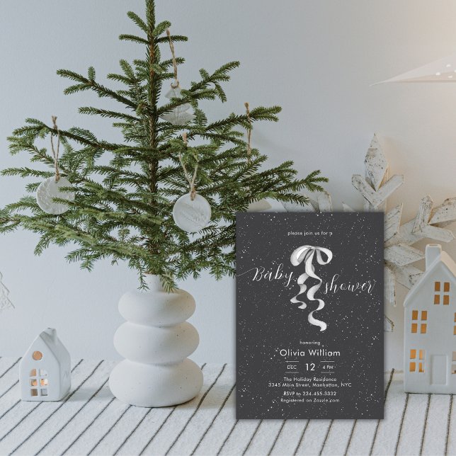 Invitation Fête de naissance bébé Hiver Arc Argent Gris Foncé (Silver Bow Winter Snow Dark Grey Baby Shower Invitation)