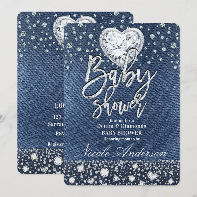 Invitation Fête de naissance Bébé Jean Denim & Bling Diamonds (Devant / Derrière)