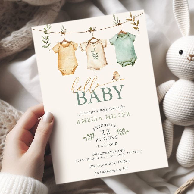 Invitation Fête de naissance bébé linge à linge aquarelle neu (Neutral Watercolor Baby Clothesline Baby Shower Invitation)