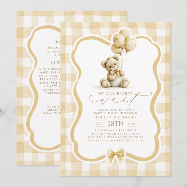 Invitation Fête de naissance bébé ours en peluche marron à ca (Devant / Derrière)