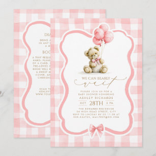 Invitation Fête de naissance bébé ourson rose à carreaux