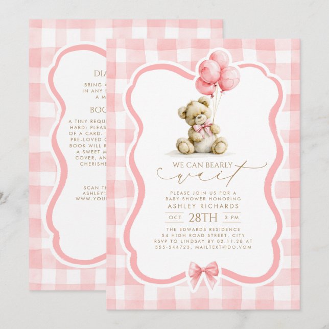 Invitation Fête de naissance bébé ourson rose à carreaux (Devant / Derrière)