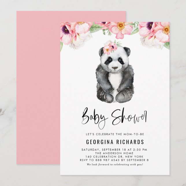 Invitation Fête de Naissance Bébé Panda Aquarelle Anémones Ro (Devant / Derrière)