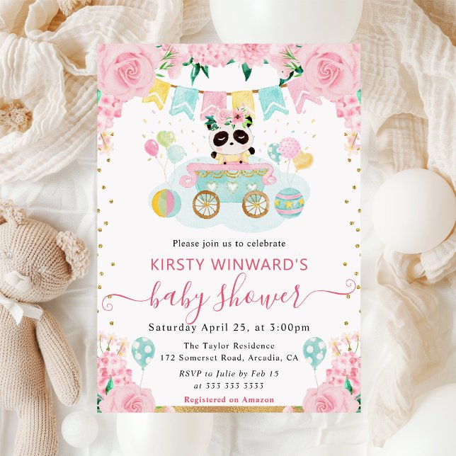 Invitation Fête de Naissance Bébé Panda Fleurs Roses Aquarell (Créateur téléchargé)