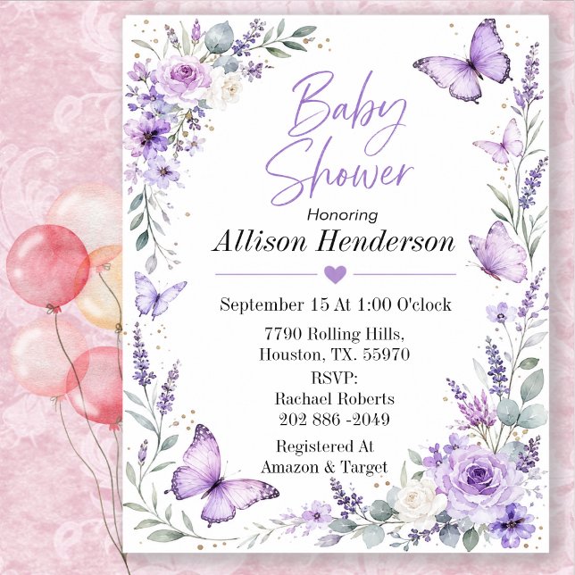 Invitation Fête de naissance bébé papillon lavande délicate (Créateur téléchargé)