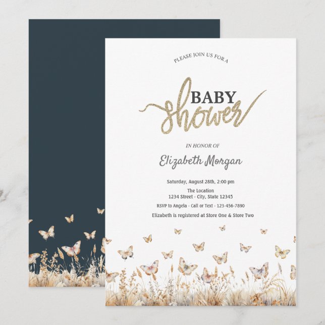 Invitation Fête de naissance Bébé Papillons Prairie Aquarelle (Devant / Derrière)