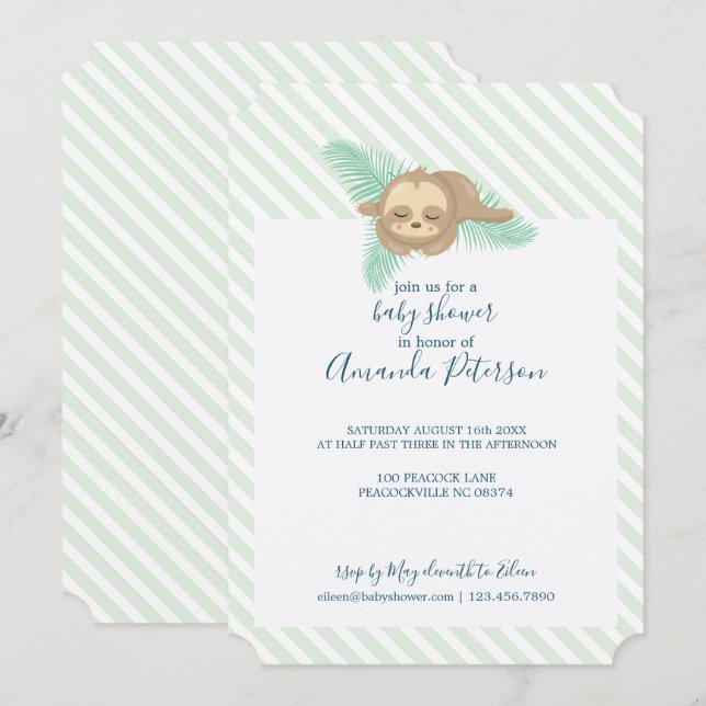 Invitation Fête de naissance bébé paresseux rayé vert et blan (Devant / Derrière)