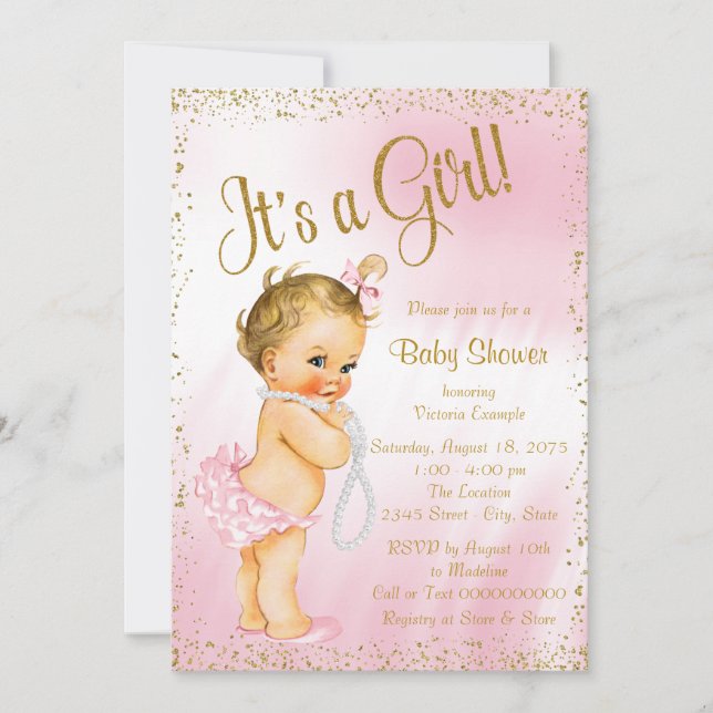 Invitation Fête de naissance bébé perle paillettes rose et or (Devant)