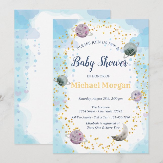 Invitation Fête de naissance Bébé Planètes Étoiles Bleu  (Devant / Derrière)