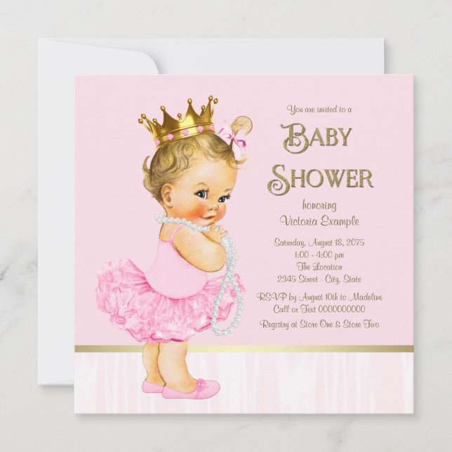 Invitation Fête de Naissance Bébé Princesse Ballerine Rose Or (Devant)