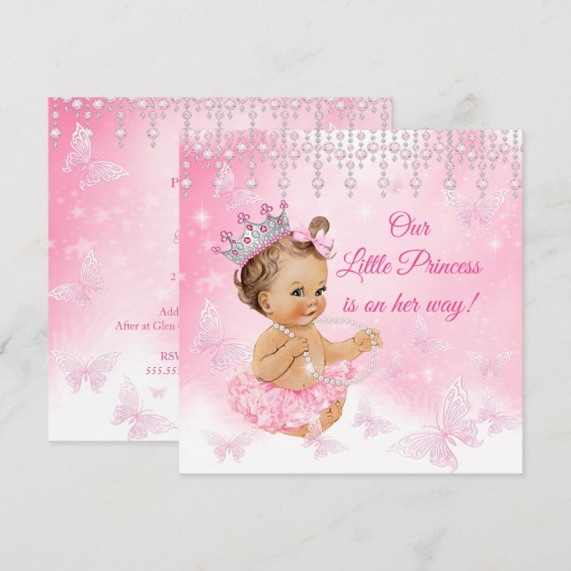 Invitation Fête de naissance bébé princesse papillon rose bru (Devant / Derrière)
