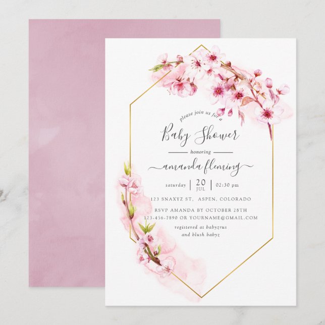 Invitation Fête de naissance bébé printemps Fleur de cerisier (Devant / Derrière)