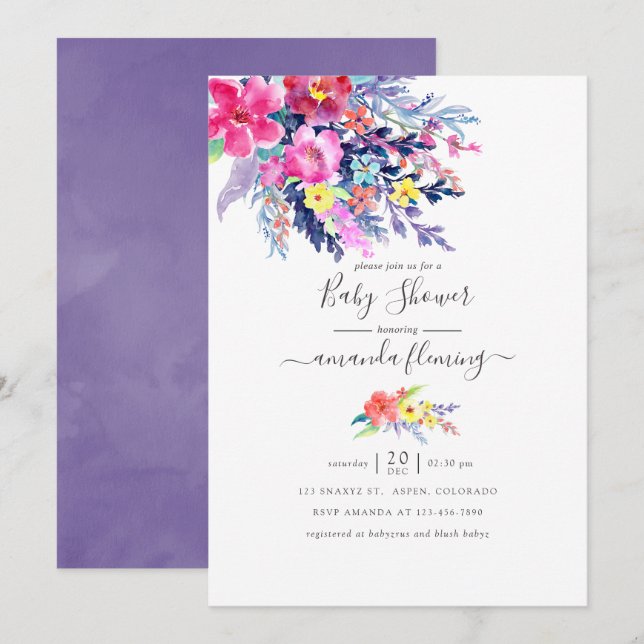 Invitation Fête de naissance bébé printemps florale aquarelle (Devant / Derrière)