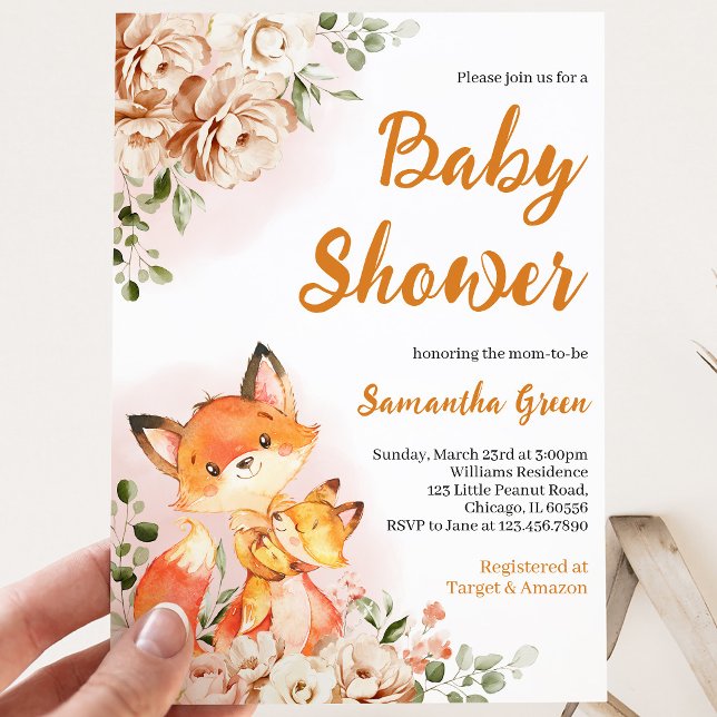 Invitation Fête de naissance Bébé Renard Floral d'Automne (Créateur téléchargé)