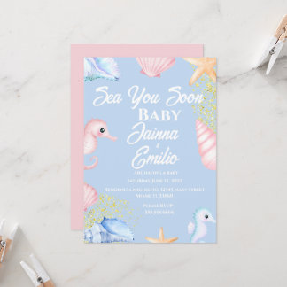 Invitation Fête de naissance Bébé Rose Bleu de Mer