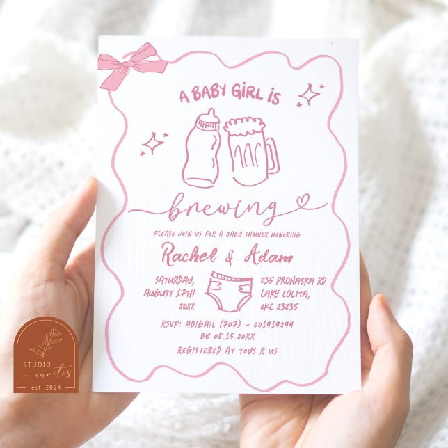 Invitation Fête de naissance Bébé rose dessiné à la main en p (Créateur téléchargé)