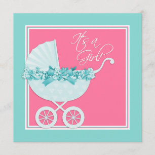 Invitation Fête de naissance bébé rose et sarcelle bleue